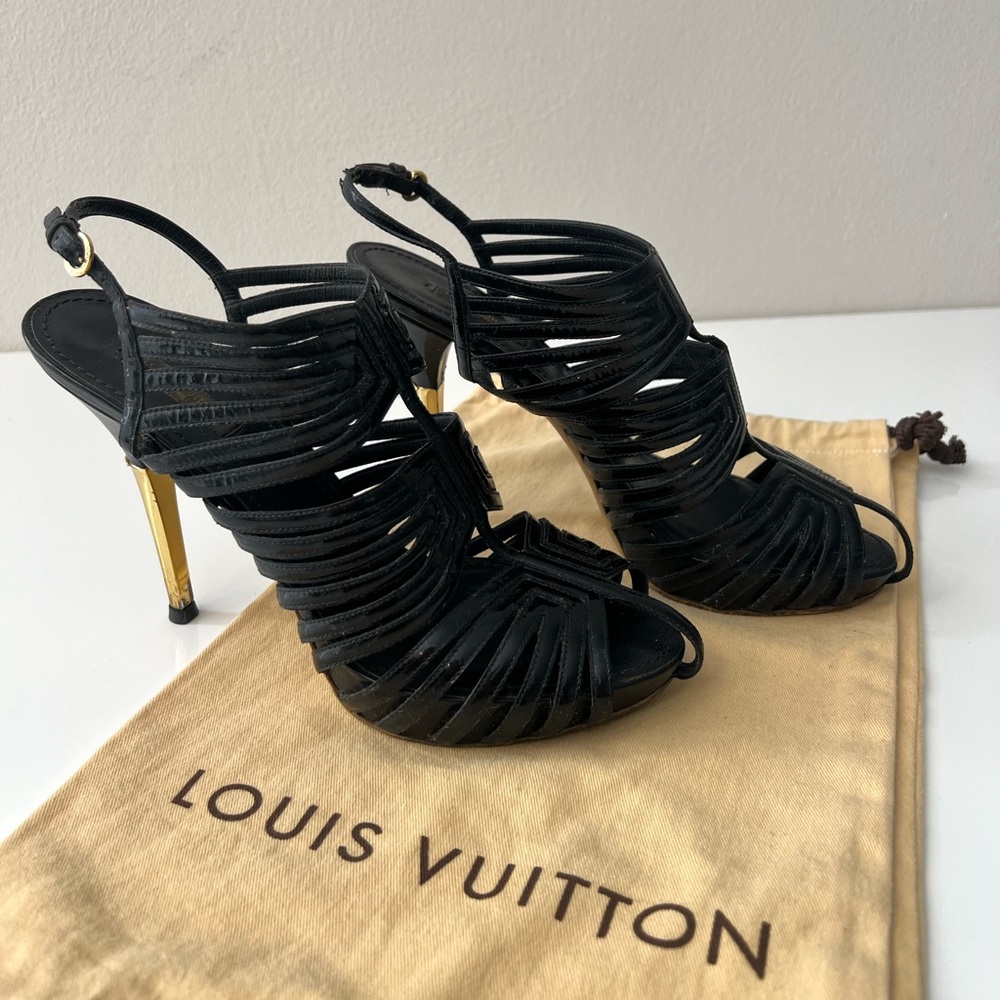 Louis Vuitton Marbella black patent leather stiletto heel sandals, size 38